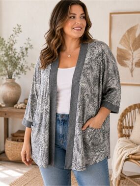Susan Betro Gray Paisley Lightweight Open Cardigan Boho Layering 1X